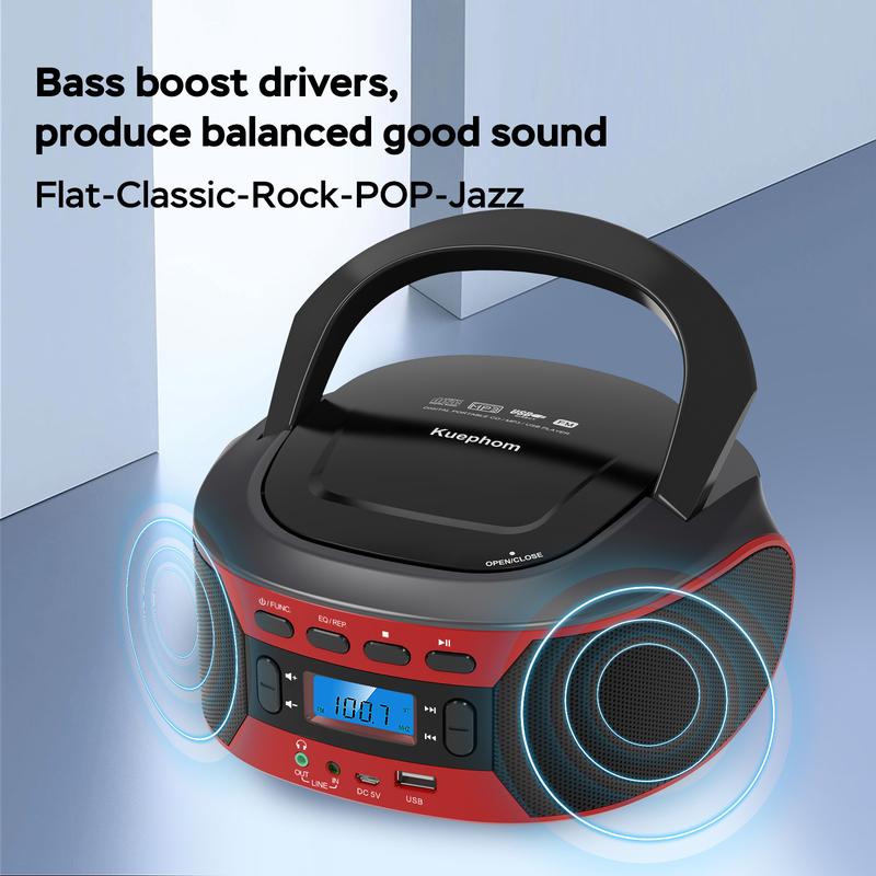 CD Player, Stereo Dual Speakers, AM/FM Radio, Stereo Headphone Jack, Audio Input, A-B Repeat Function, USB Player, TF Card Player, MP3 Player, Portable Speaker System, Radio, Wireless Speaker