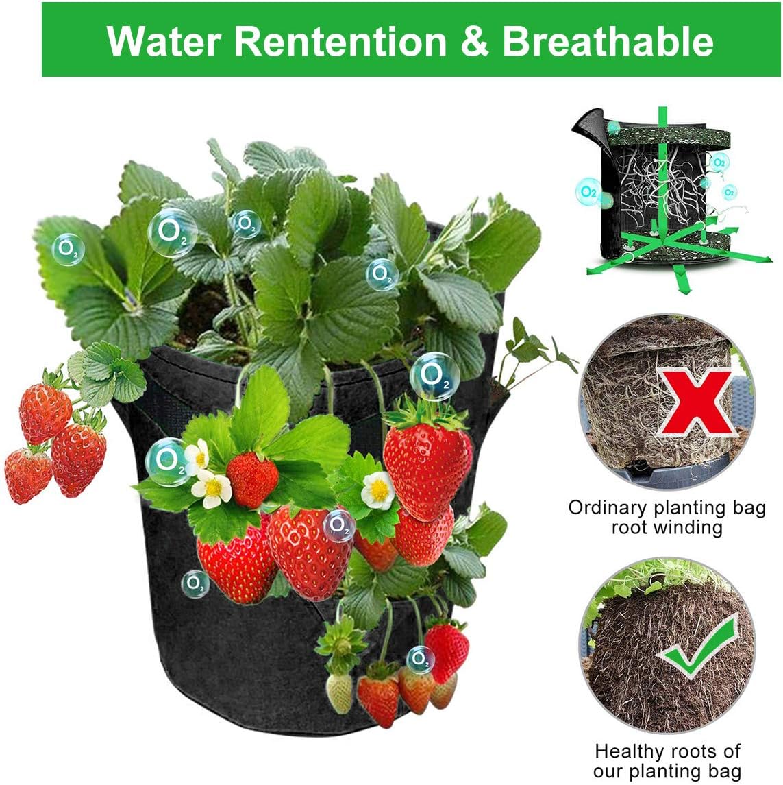 Strawberry Grow Bags, 2 Pack 10 Gallon Strawberry Planter with 8 Side Grow Pockets, Breathable Non-Woven Fabric Reinforce Handle Plant Grow Bag for Garden Strawberries, Herbs, Flowers magnetic  levitation Sturdy Reinforced