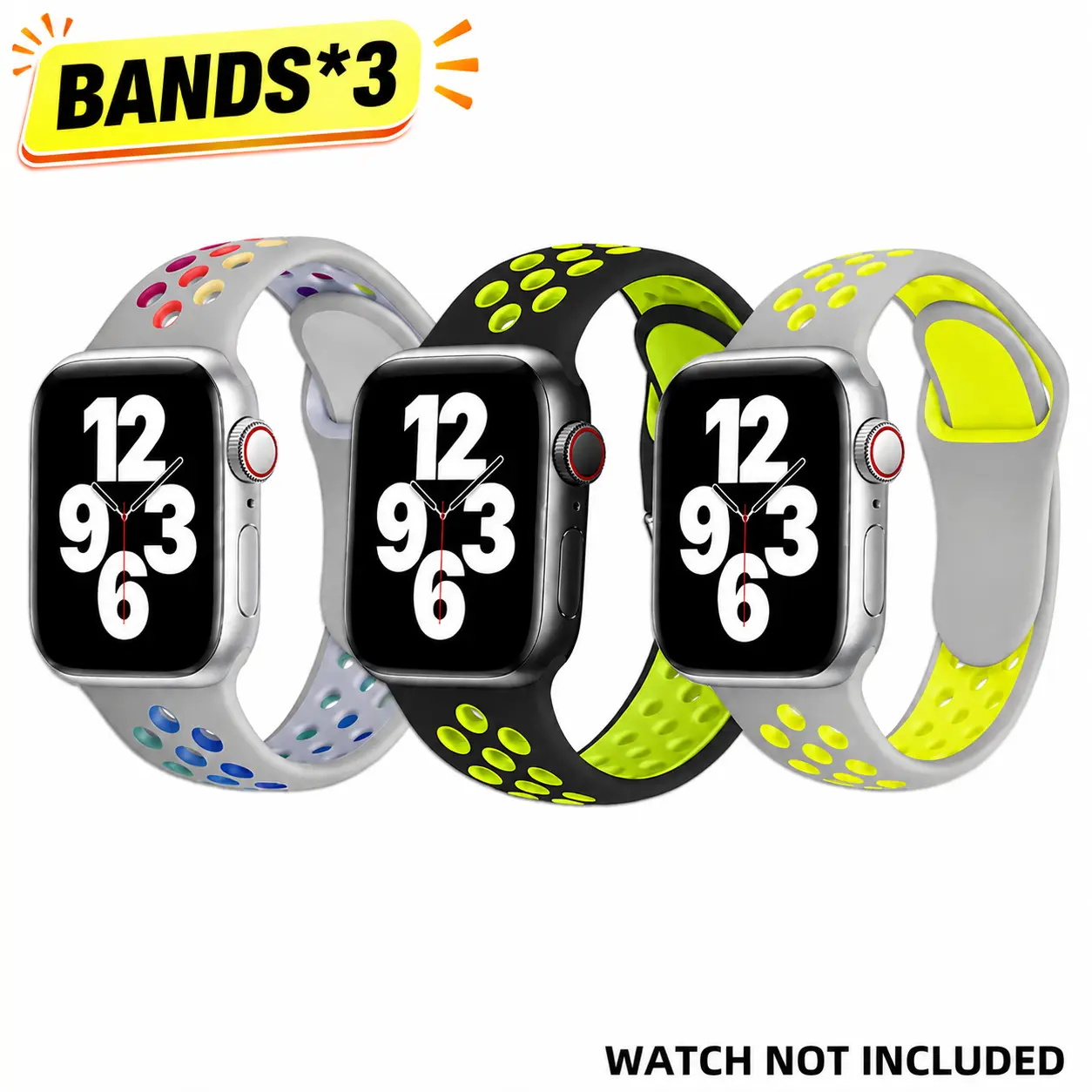 3 Pack Silicone Sport Bands Compatible with Apple Watch, Breathable Perforated Workout Straps, Soft Lightweight Sweatproof Replacement Wristbands for Fitness Running Gym Daily Wear, Fits Apple Watch Ultra 3/2 Series 11 10 9 8 7 6 SE