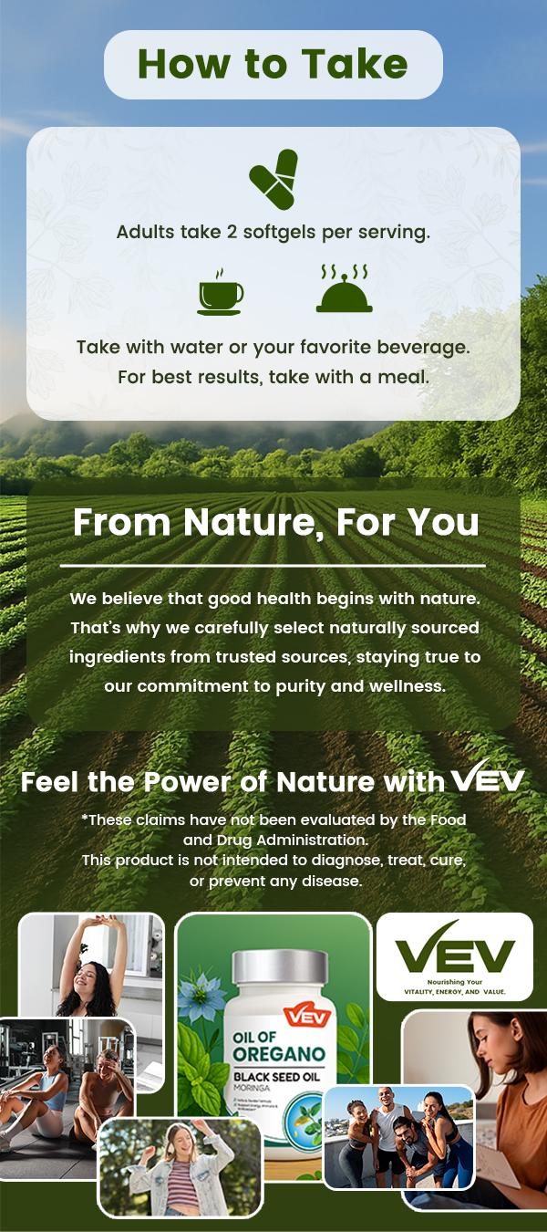 VEV Oil of Oregano, with Black Seed Oil, Moringa and Ginger, Carvacrol-Rich, Aceite de Oregano, Edible Healthcare Dietary, 60 Softgels