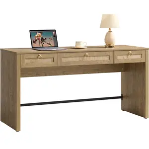 SICOTAS 60" Rattan Computer Desk Writing Table with Storage: Long Home Office Desk with 3 Drawers, Farmhouse Executive Desk Console Table for Living Room, Office (Carbon Cherry, 1 Piece)