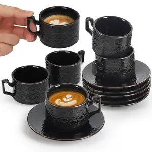 3 OZ Stackable Coffee Mugs, Ceramic Coffee Mugs with Texture Patterns for Man,Woman,Dad,Mom, Modern Coffee Mugs Set of 6 for Latte/Cappuccino/Cocoa. Dishwasher&Microwave Safe, Black