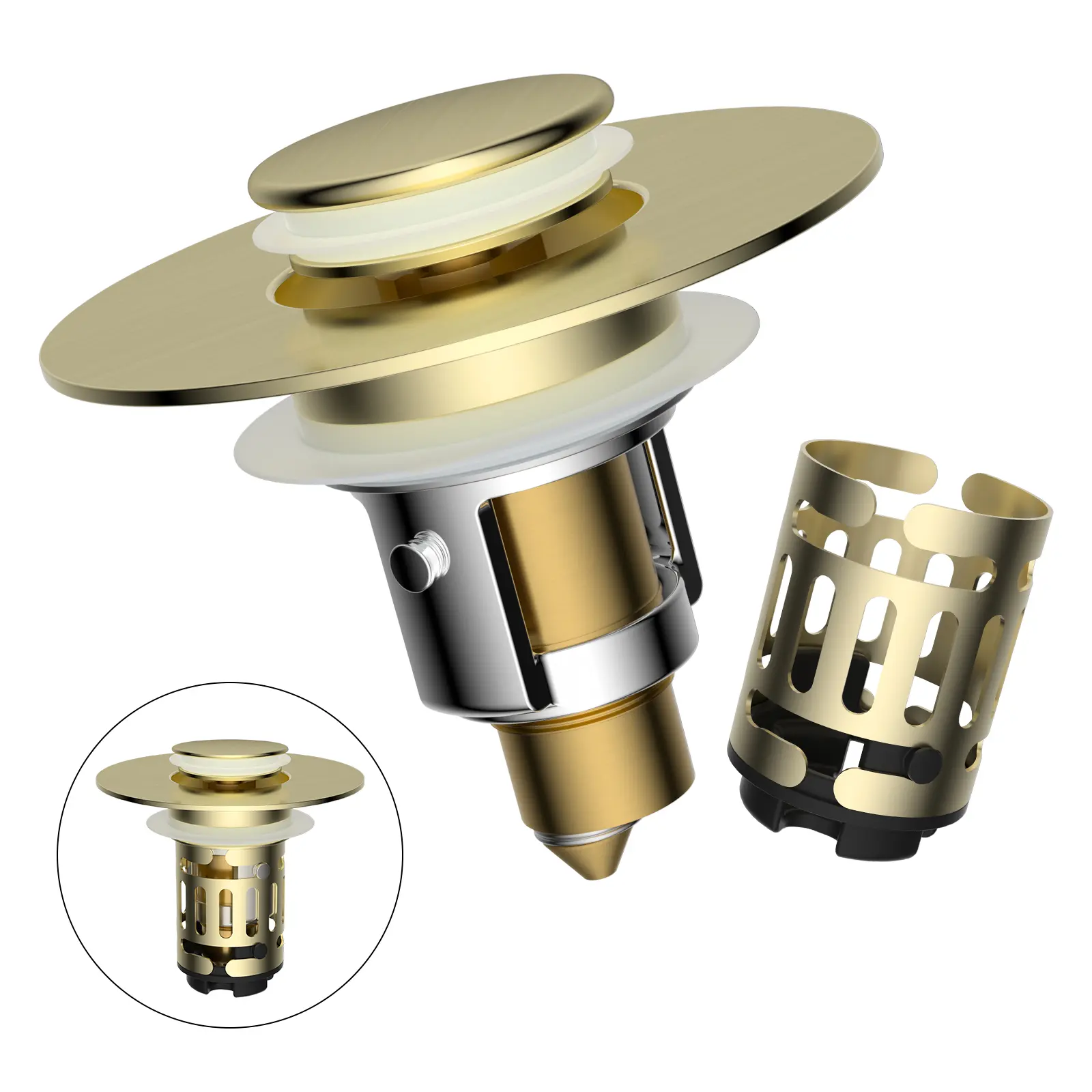 Hibbent Upgraded 3-in-1 Modern Drain Stopper, Universal Pop-Up Bathroom Sink Plug with Removable Stainless Steel Filter Basket Hair Catcher, Brass Core, Brushed Gold, Fits 1.1"-2.36" Basins, Modern Drain Stoppers