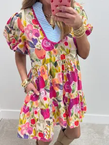 Rose Bright Floral Print Ricrac Trim Striped Patchwork V Neck Dress, Made From 100% Cotton Fabric, Which Is Soft and Breathable.