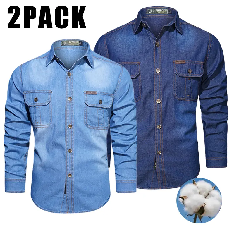 Men’s 2-pack washed denim workwear shirts, outdoor casual design, multiple pockets, pure cotton fabric, breathable long sleeves