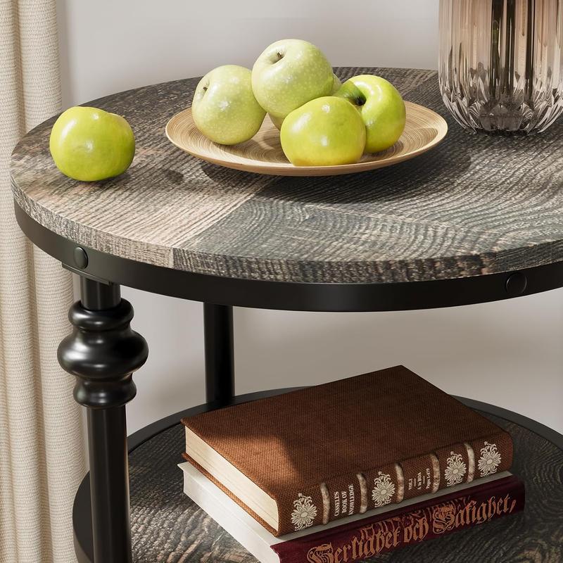 Round 3-Tier End Table with Storage, Rustic Farmhouse Side Table with Metal Column Legs, Dark Oak Accent Table for Living Room Bedroom, Industrial Style Nightstand, Easy Assembly