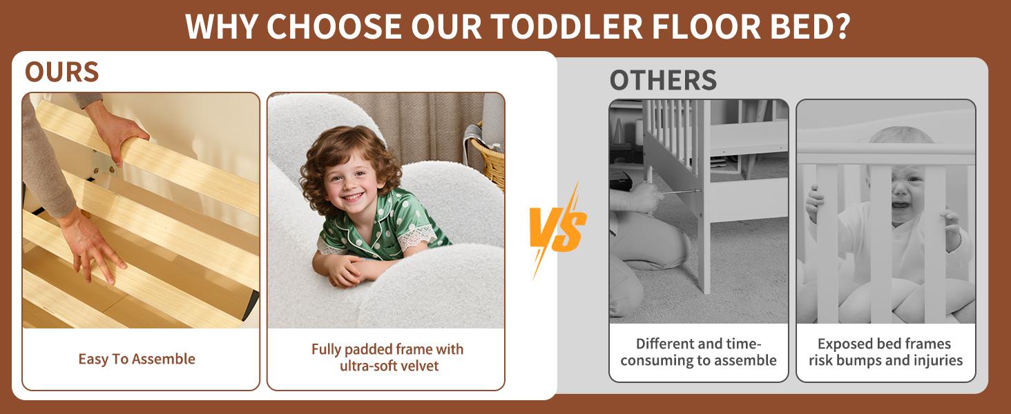 Lilypelle Toddler Bed Frame, Toddler Floor Bed Frame with Extra Safty Broad, Standard Crib Size Toddler Bed, Certified Fabric Toddler Beds Frame, Mattress Not Included