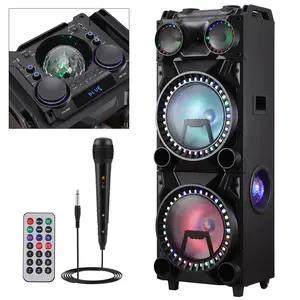 Dual 12" Large Bluetooth PA Speaker Wooden Karaoke Machine Colorful DJ Light Portable Party Speaker System Rechargeable W/ Microphone FM USB TF TWS Remote control