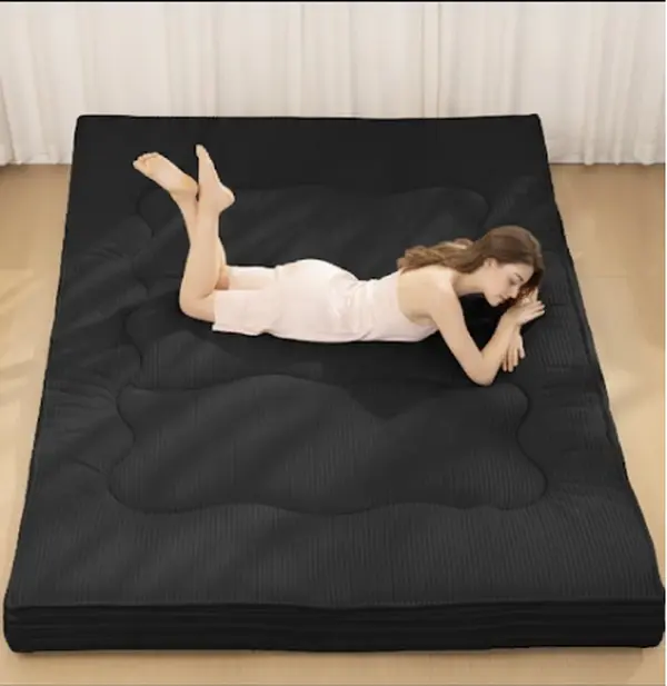 Winzoo Japanese 4-in Thick Corduroy Futon Mattress - Foldable, Rollable, Carry-Friendly Ergonomic Floor Pad with Restore Function, Travel/Overnight Use, Eases Spinal Strain, Disperses Pressure for Adults' Guest Room Bedroom