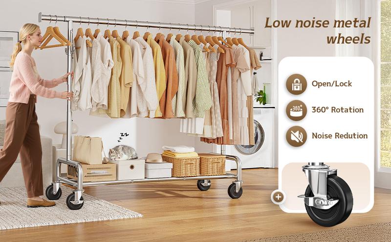 Raybee Furniture Clothes Rack for Hanging Clothing Rack with Hooks, Extendable & Height Adjustable Coat Rack, Heavy Duty Clothes Racks Holds Up to 440LBS, Portable Rolling Garment Rack with Lockable Wheels & 4 Hooks, Chrome【Gift Ideas】