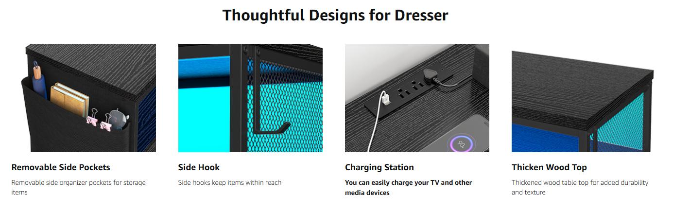 Raybee 10 Drawer Dresser for Bedroom with Wood Open Shelves, 55" TV Stand Dresser for Bedroom with Power Outlets and LED Lights, Fabric Dressers & Chest of Drawers with Side Pocket, Ideal for Living Room, Closet