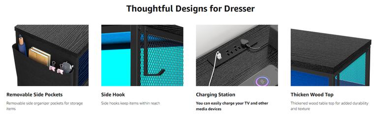 Raybee 10 Drawer Dresser for Bedroom with Wood Open Shelves, 55" TV Stand for Bedroom with Power Outlets and LED Lights, Fabric Dressers & Chest of Drawers with Side Pocket, Living Room, Closet