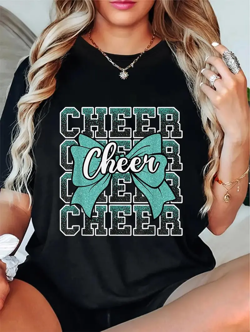 100% Cotton Unisex Coquette Cheer Bow Sport Cheerleader Cheerleading Teal Blue T-Shirt