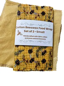 Cotton Beeswax Food Wraps Size Small with Honeybee Print or Plain Muslin Set of 3 Handcrafted
