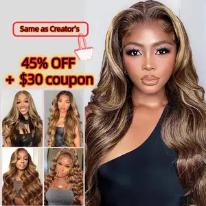 Urunik Hair Real Human Hair Wig 30 Inch Ombre 13x6 Lace Front Wig Human Hair 180% Density 4/27 Highlight Wigs Honey Blonde Body Wave Lace Front Wig Pre Plucked HD Frontal Wig Glueless Wigs