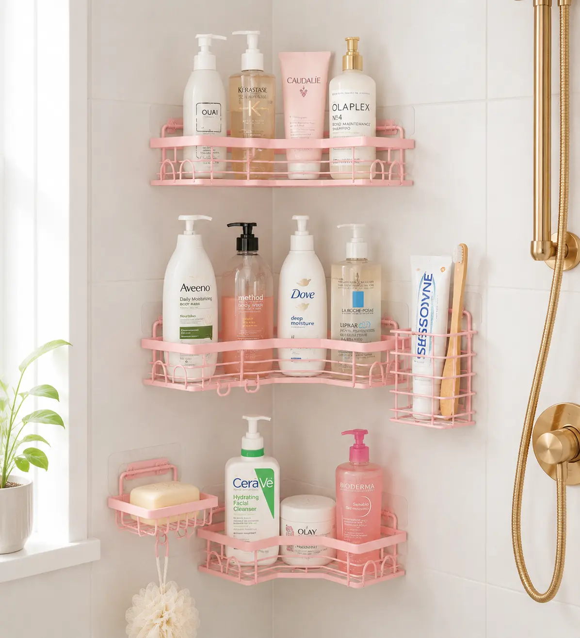 5 PCS Self-Adhesive Shower Caddy Set - No-Drilling Rust-Resistant Stainless Steel Bathroom Organizer with Soap Holder, Square & Round Hollow Stick-On Shelves (Pink, Black) for Easy Installation, Bathroom Decor, Apartment Accessories, Bathroom Accessories