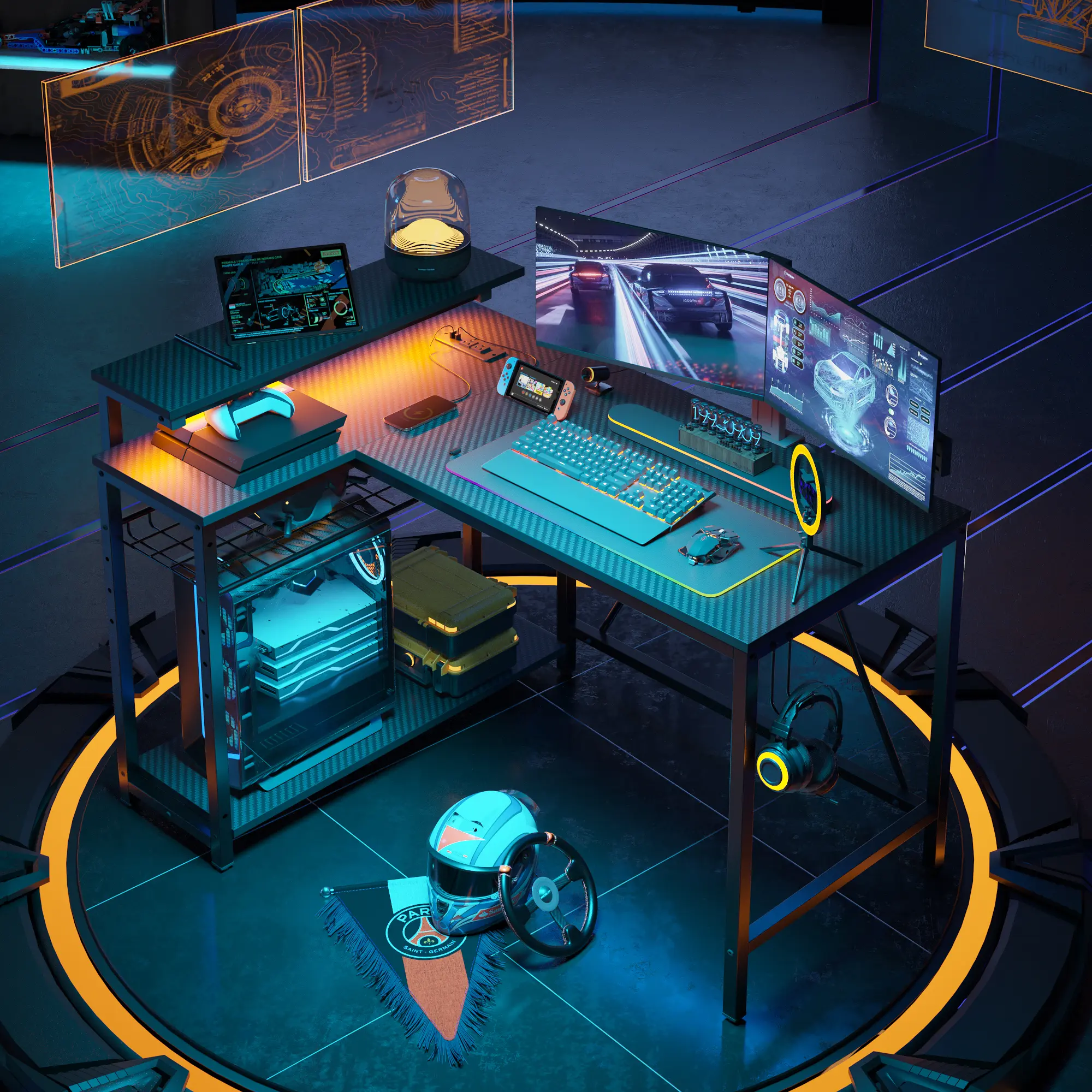 Bestier 42" Reversible L-Shaped Computer Office Desk - Carbon Fiber Esports Desk with Customizable RGB LED Lights, 2 USB Ports, Power Outlets, Monitor Stand, Storage Shelves, Hooks, Reversible Left/Right Assembly for Streamers' Dual Monitor Studio Setup