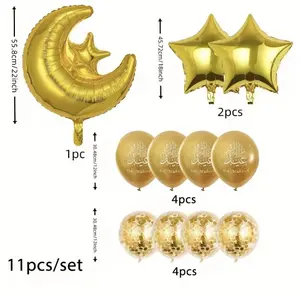 Set of 11 Eid Al Adha Mubarak Balloons for Ramadan Decoration 2026, Featuring Muslim Decor And a Ramadan Kareem Festival Banner with Star And Moon Foil Balloons.