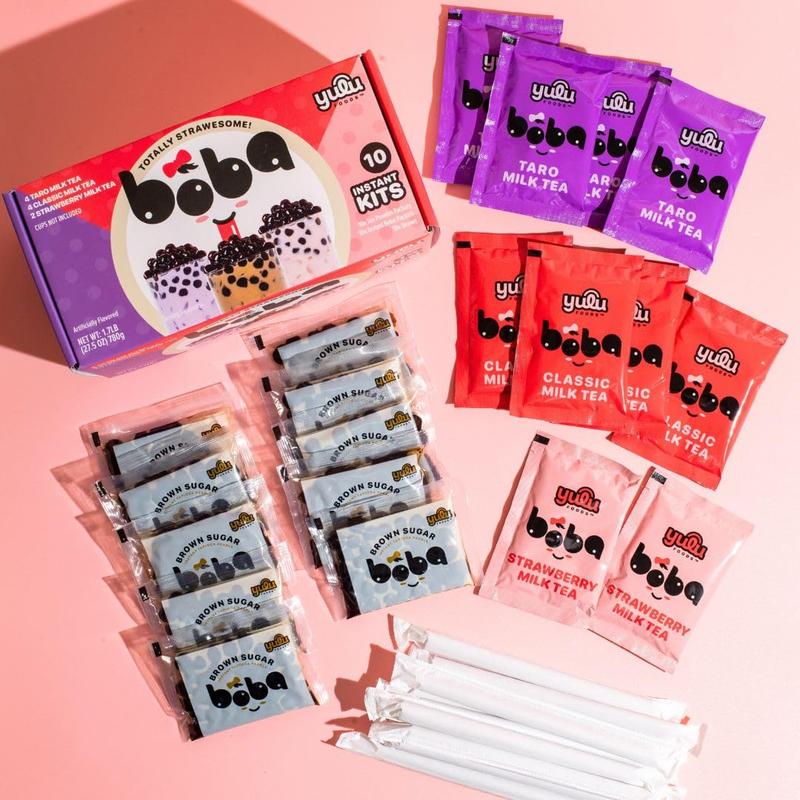 SALE - Boba Bundle Kit 10 Serv. Instant Bubble Pearl Variety Milk Tea Kit with Authentic Brown Sugar Tapioca Pearls by Yulu Foods - Ready in Under 1 Minute, Includes Paper Straws - Gift Box, Holiday (Classic, Taro and Strawberry)