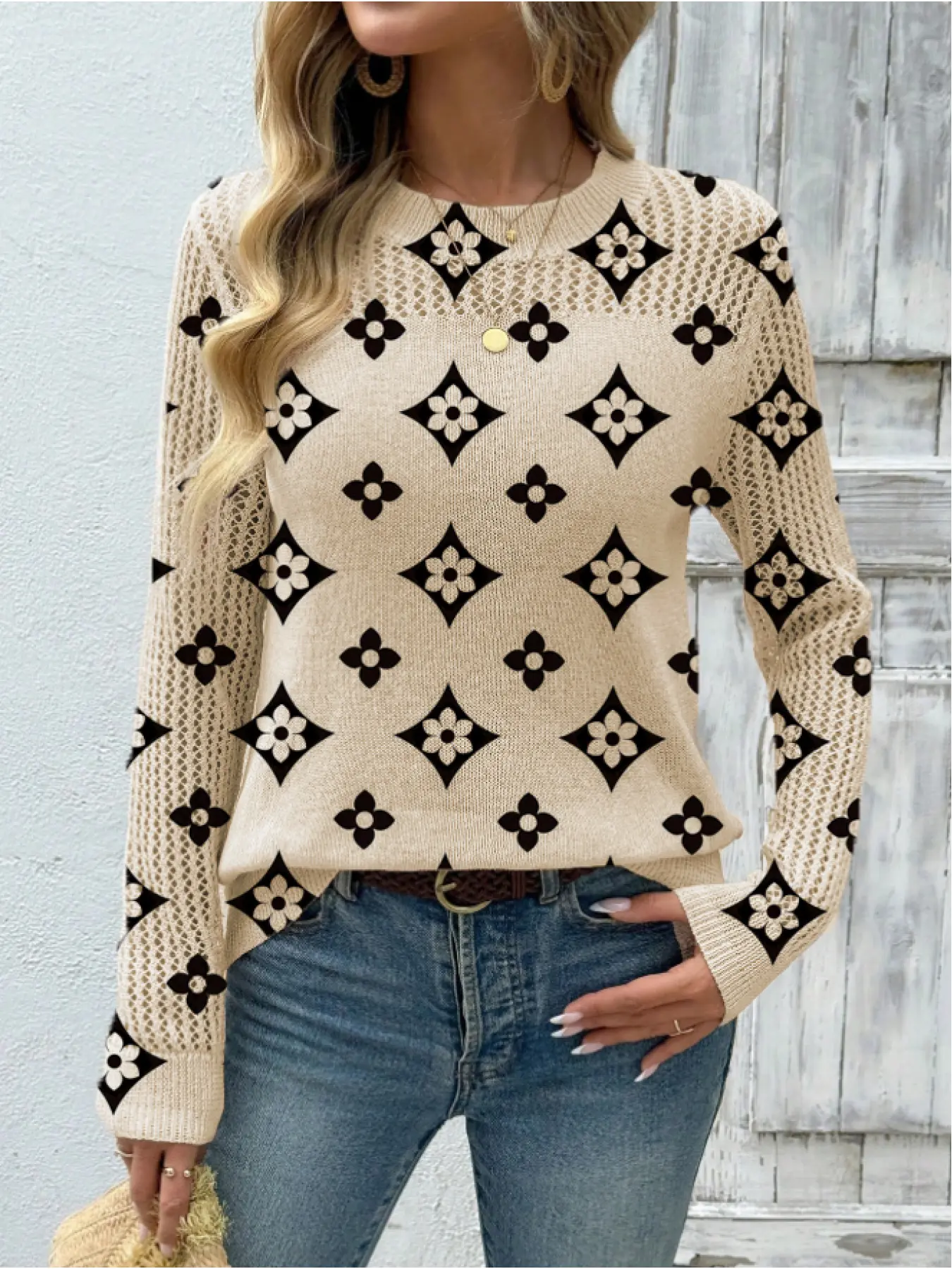 Women's Geometric Print Round Neck Fitted Sweater, Casual Long Sleeve Knitwear for Fall Winter, Comfortable Warm Daily Wear