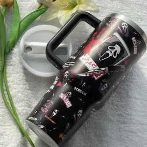 Horror Movie Night 20oz 40oz Stainless Tumbler - "No You Hang Up" Black Pattern - Spooky Lover Gift for Him & Her - Insulated Travel Cup