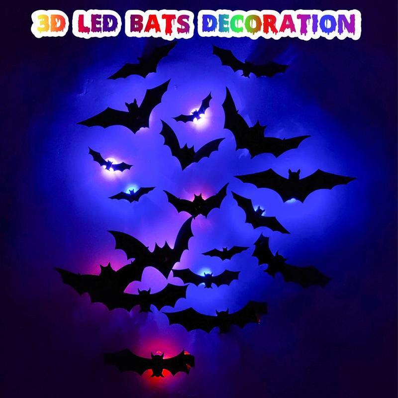 BougeRV 3D Bat Light Design LED Decorations 12pcs/24pcs Set Spooky Ornaments for Home Party Festival Halloween Easy Install Wall Stickers Smooth Application - Decorative(Non-remote)