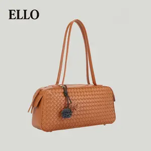 Preppy Women's Woven Underarm Bag 2026 Fashionable Double-Handle Tote Bag with Cute Bag Charm Brown