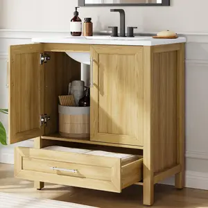 Garvee - 76 cm Bathroom Changing Table with Sink, Classic Bathroom Cabinet with Doors and Drawers, Non-Built-in Farmhouse Wood Bathroom Closet with Top