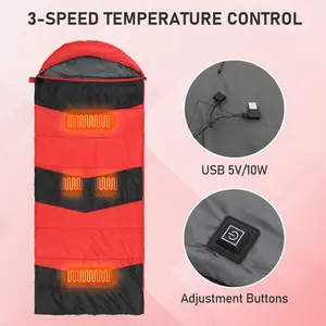 Rectangular Heated Sleeping Bag, Lightweight Sleeping Bag with Multi USB Powered Heating Pads, Waterproof Compact Envelope Sleeping Bag for Backpacking Hiking, Red