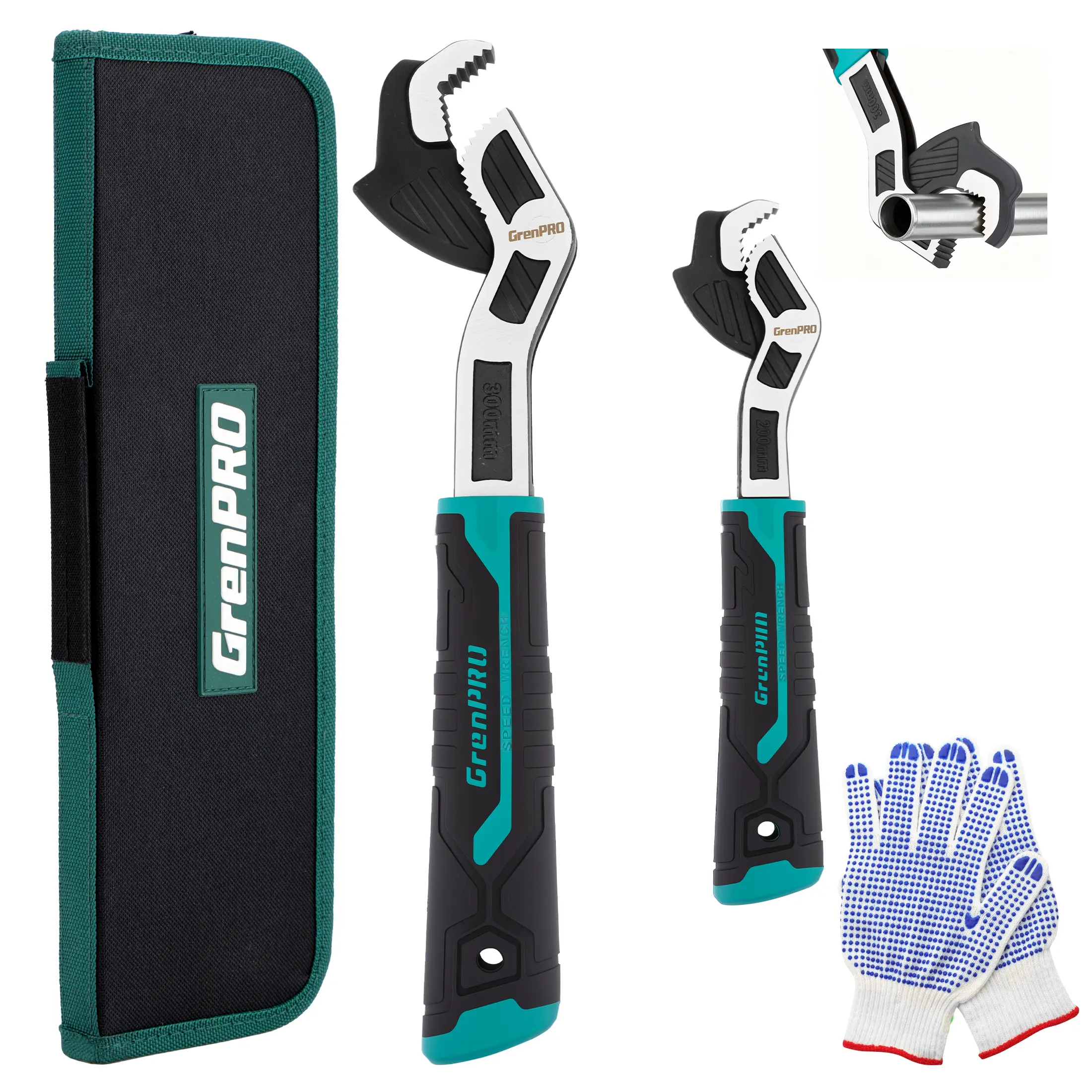 GrenPRO 8" and 12" Self-Locking Ratcheting Wrench Set, Industrial Grade Flexible Head Adjustable Wrench, 2-Piece Combination Tool Kit for Plumbing Repair, Faucet Installation, Water Heater Maintenance