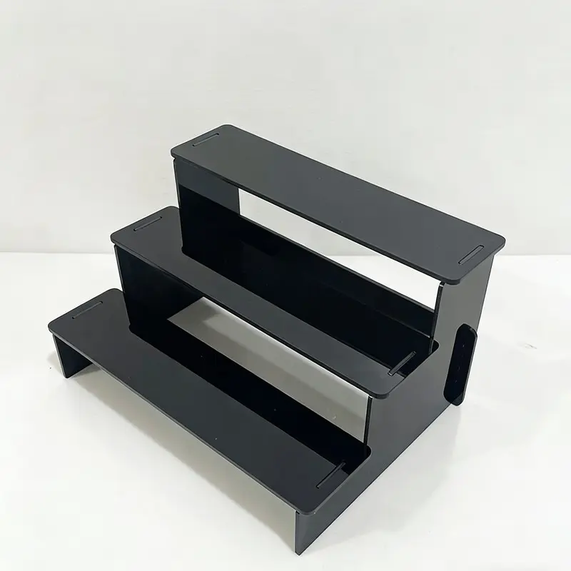 3 Layer Display Shelf with Decorative Safety Fence, No Tool Assembly, Plastic Material, 7.56 Inches, for Perfume, Figurines, Cupcakes, Space Saving Shelf