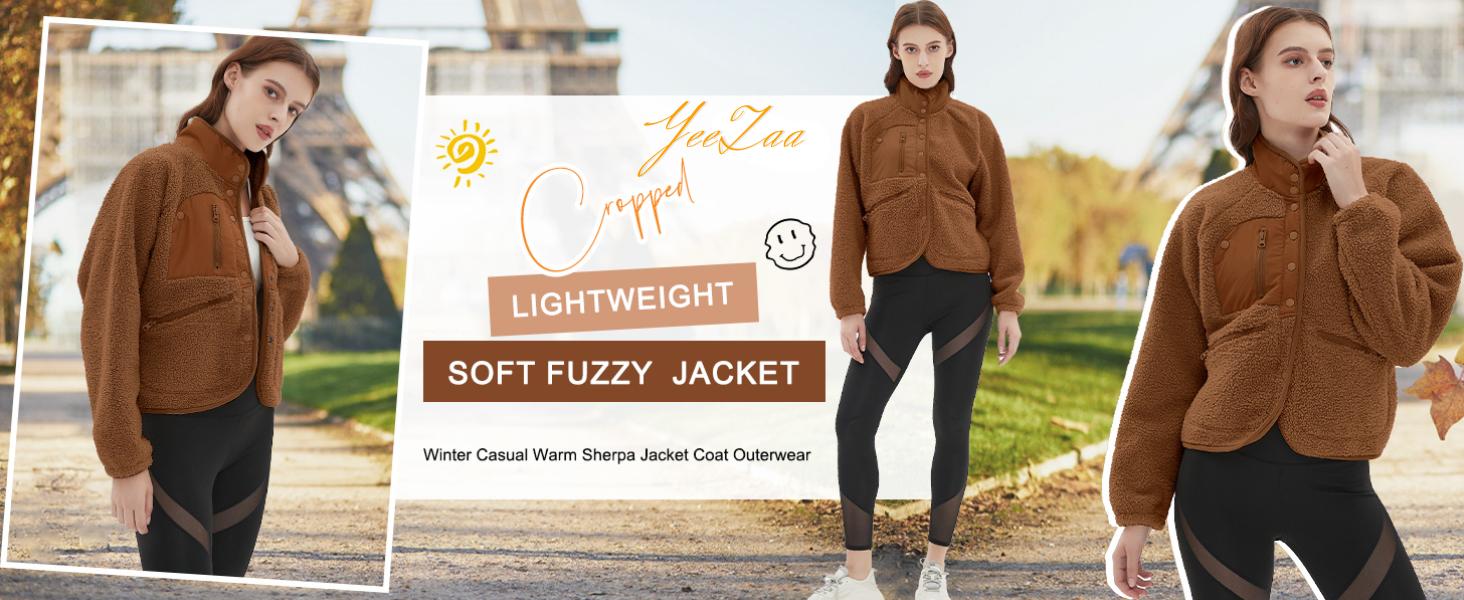 YeeZaa Women's Cropped Sherpa Lined Fleece Jacket 2026 Spring Warm Button Down Fuzzy Coats Shacket Outerwear with Pockets SpringStatements