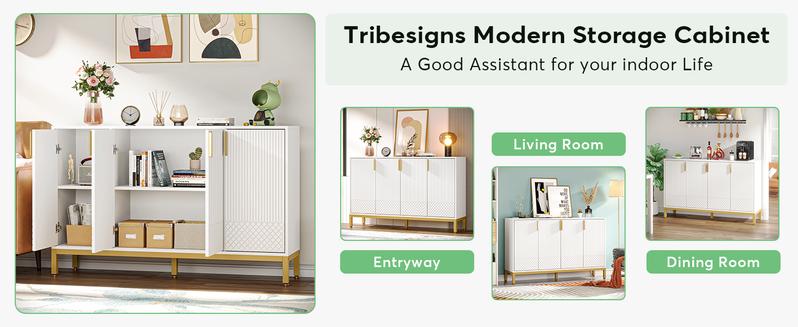 Tribesigns Modern Storage Cabinet, 59 Inch Sideboard Buffet Cabinet with 4 Doors & Gold Metal Base,for Entryway, Living Room, Dining Room