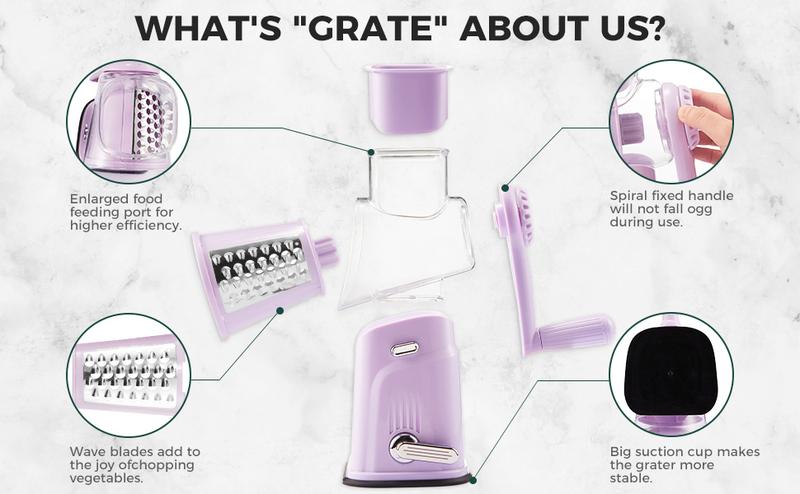 [Backtoschool]KitExpert Next-Gen Purple Cheese Grater(Larger&Faster),  5 in 1 Rotary Cheese Grater, Mandoline Slicer, Vegetable Chopper, Pink Kitchen, Gift.