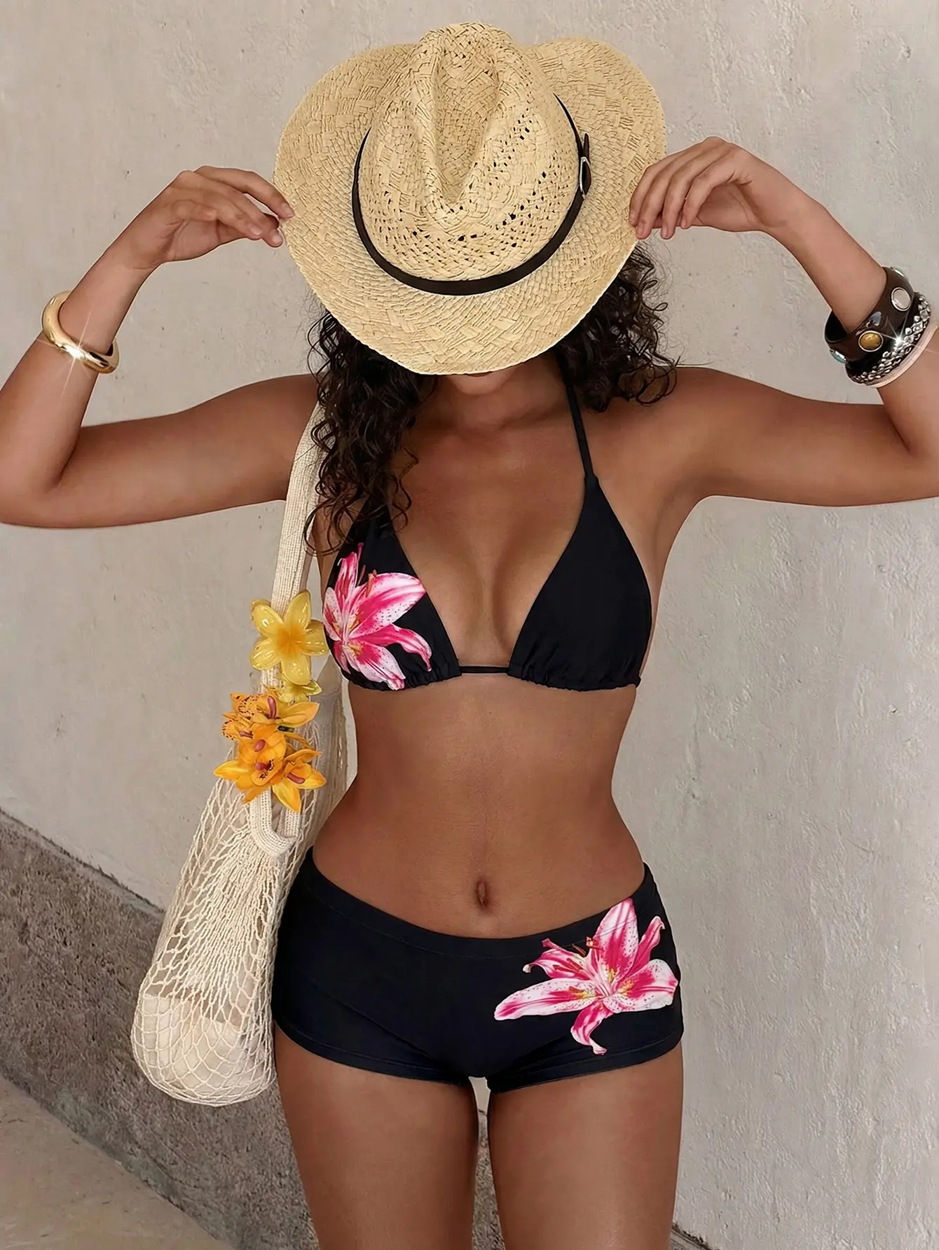 PEPPERMOLLY Women's 2-Piece Lily Print Bikini Set - Halter Triangle Top, High-Waisted Shorts for Summer Beach Vacations, Beach Party
