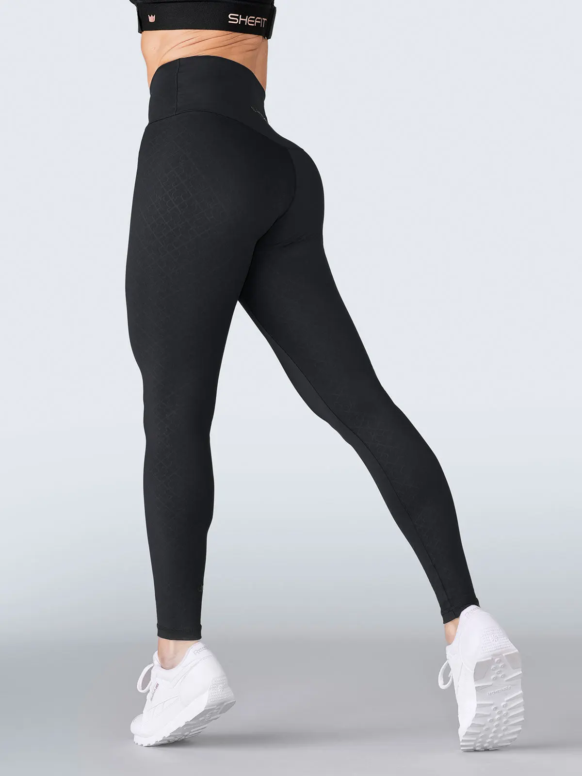 SHEFIT Boss Leggings - Black, Four-Way Stretch, Squat-Proof, High-Rise Waistband, 7/8 Length, Medium Compression, 80% Nylon 20% Spandex, USA Designed - Fabric
