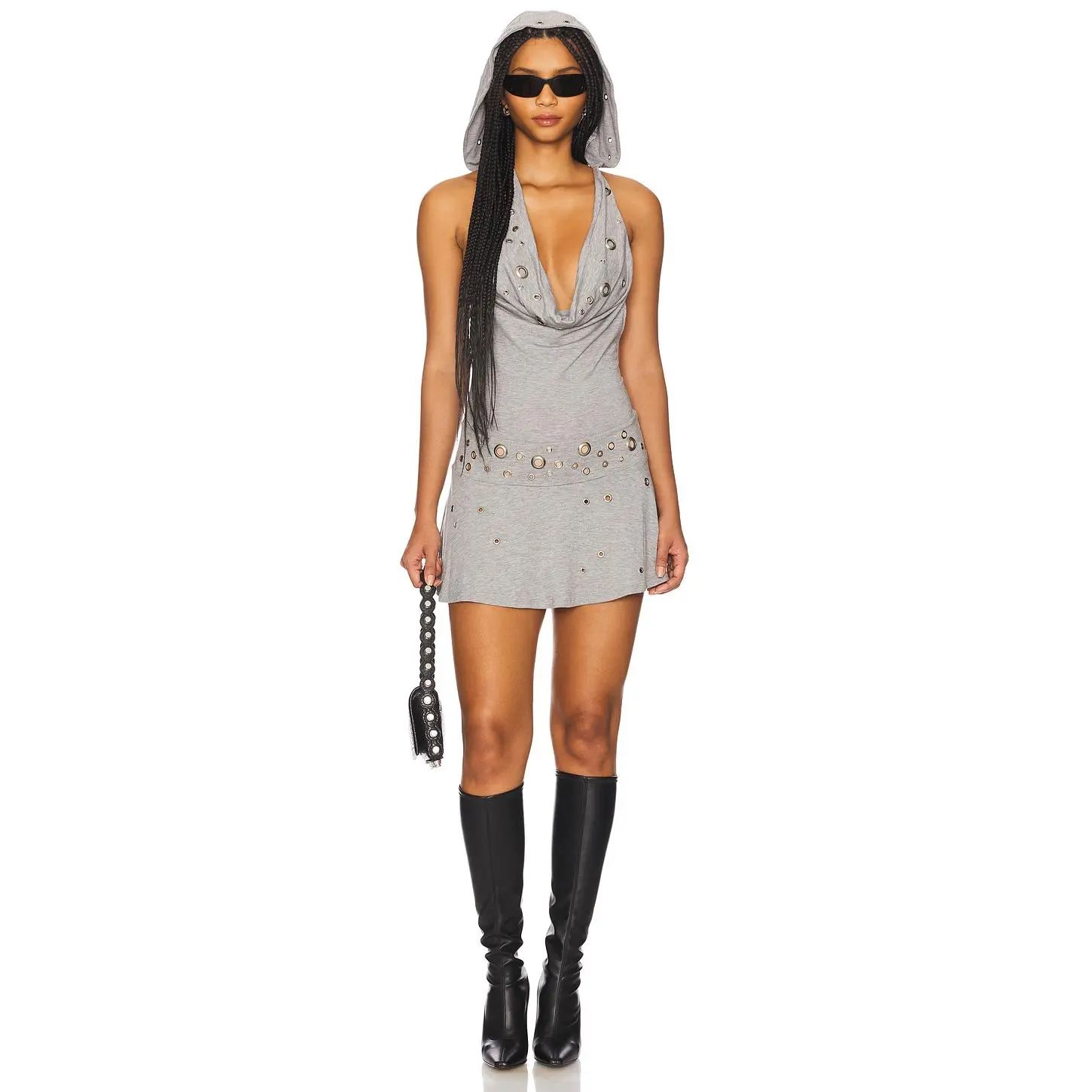Jaded London Marl Eyelet Hooded Dress in Grey