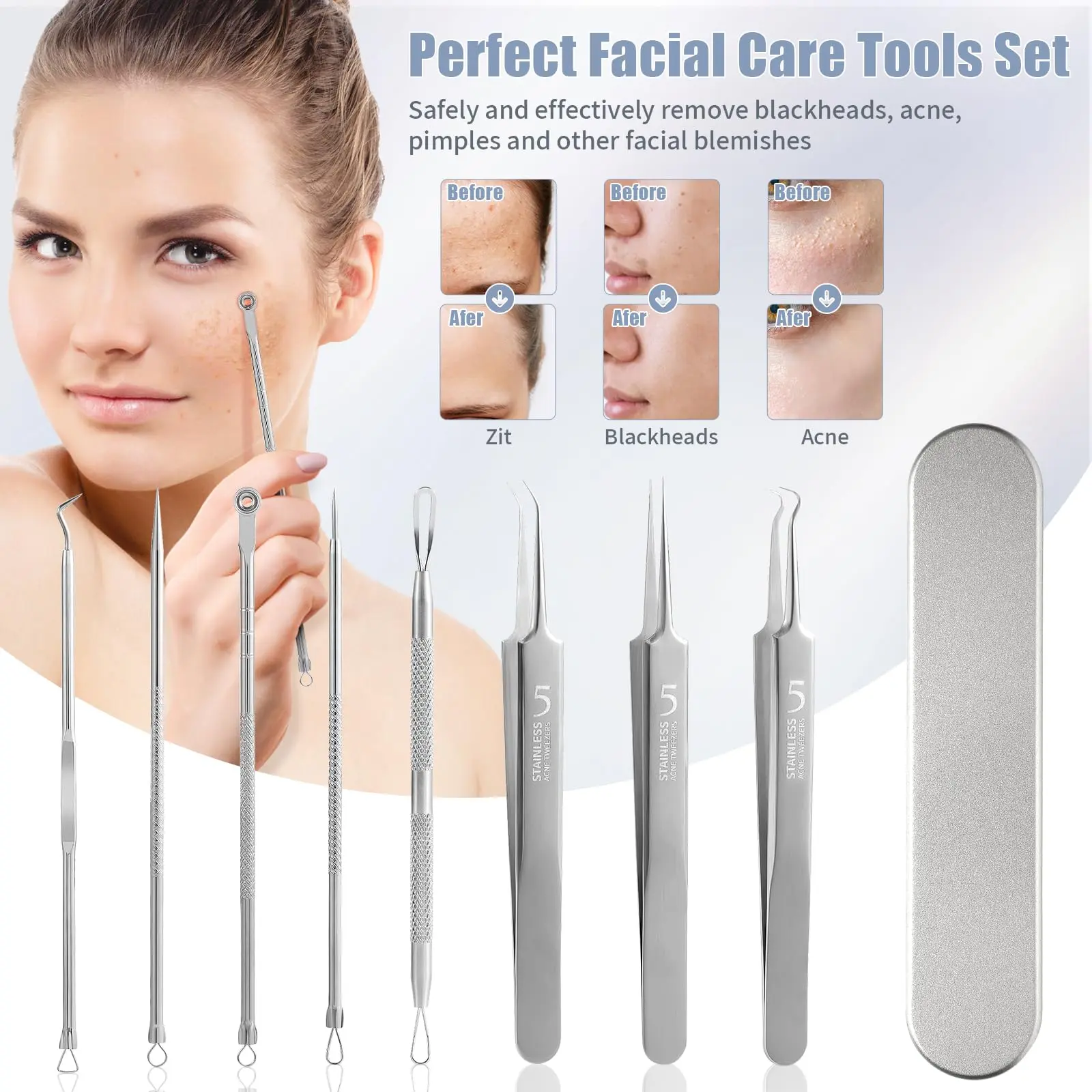Blackhead Remover Comedone Extractor Tool, Face Black Head Needle & Curved Tip Acne Tweezers Kit with Metal Box, Facial Stainless Pimple Removal Tools Kit for Nose, Silver 8Pcs