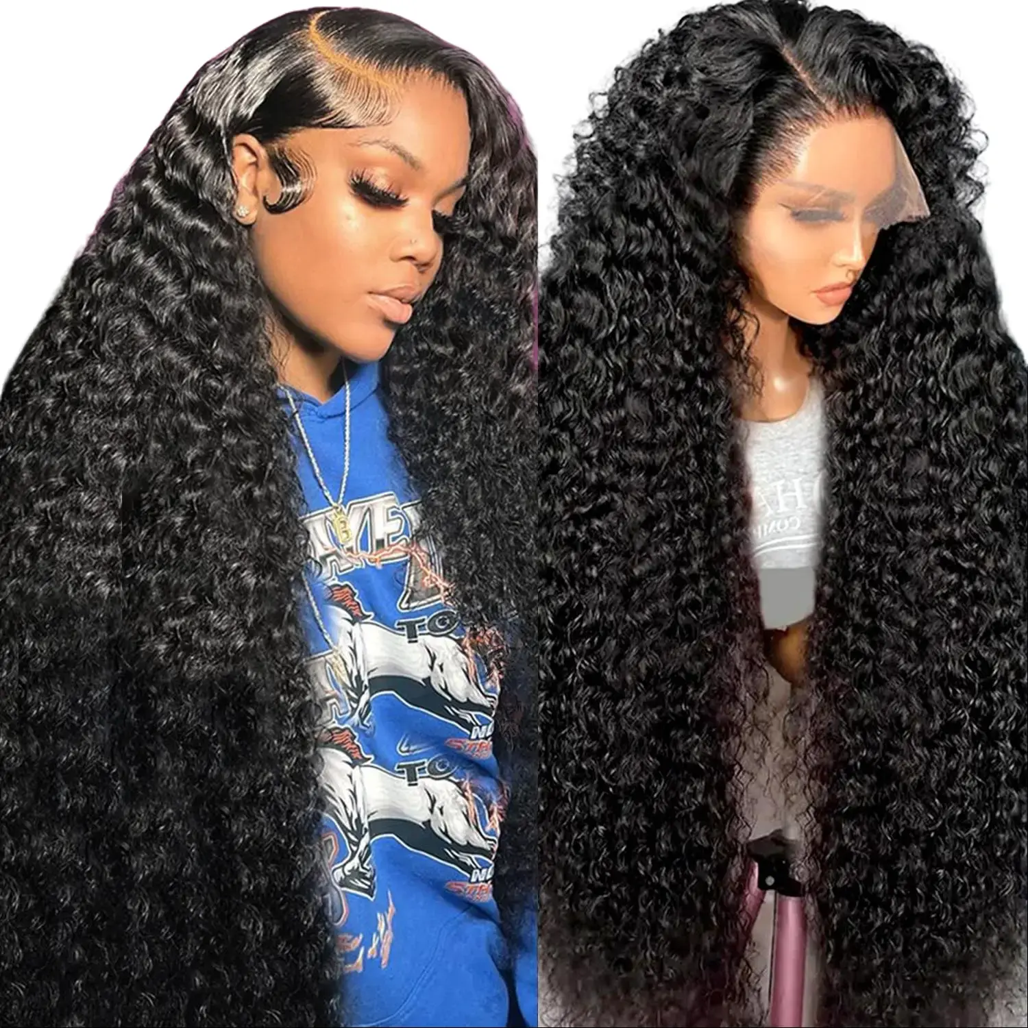 Women's 13x6 Deep Wave Lace Front Wig - 30 in Natural Black, 180 Density HD Transparent Glueless Pre-Plucked Glueless Frontal Wigs for Elegant Everyday Wear, Deep Wave 13X6 Wig