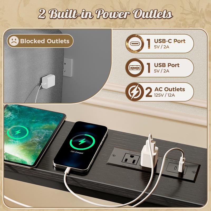 Huuger Narrow Sofa Table with 2 Power Outlets, 63-86.6 Inch Adjustable Length, Behind The Couch Table with USB-C Ports, Long Entryway Console Table, Anti-tip Kit, for Hallway Entry