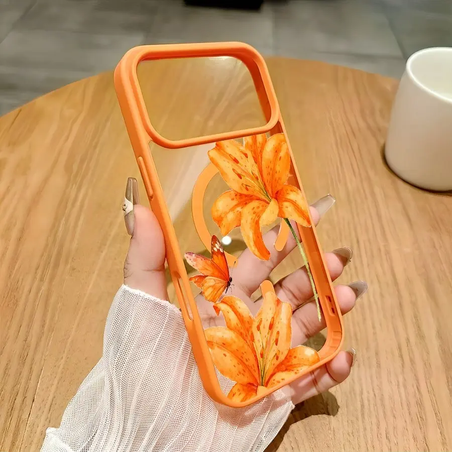 Orange Lily MagSafe Magnetic Phone Case for iPhone 17-17 Pro Max-Air, Stylish Pattern Shockproof Hybrid TPE Cover, Protective Accessory, Ideal Gift for Smartphone Users, Accessories