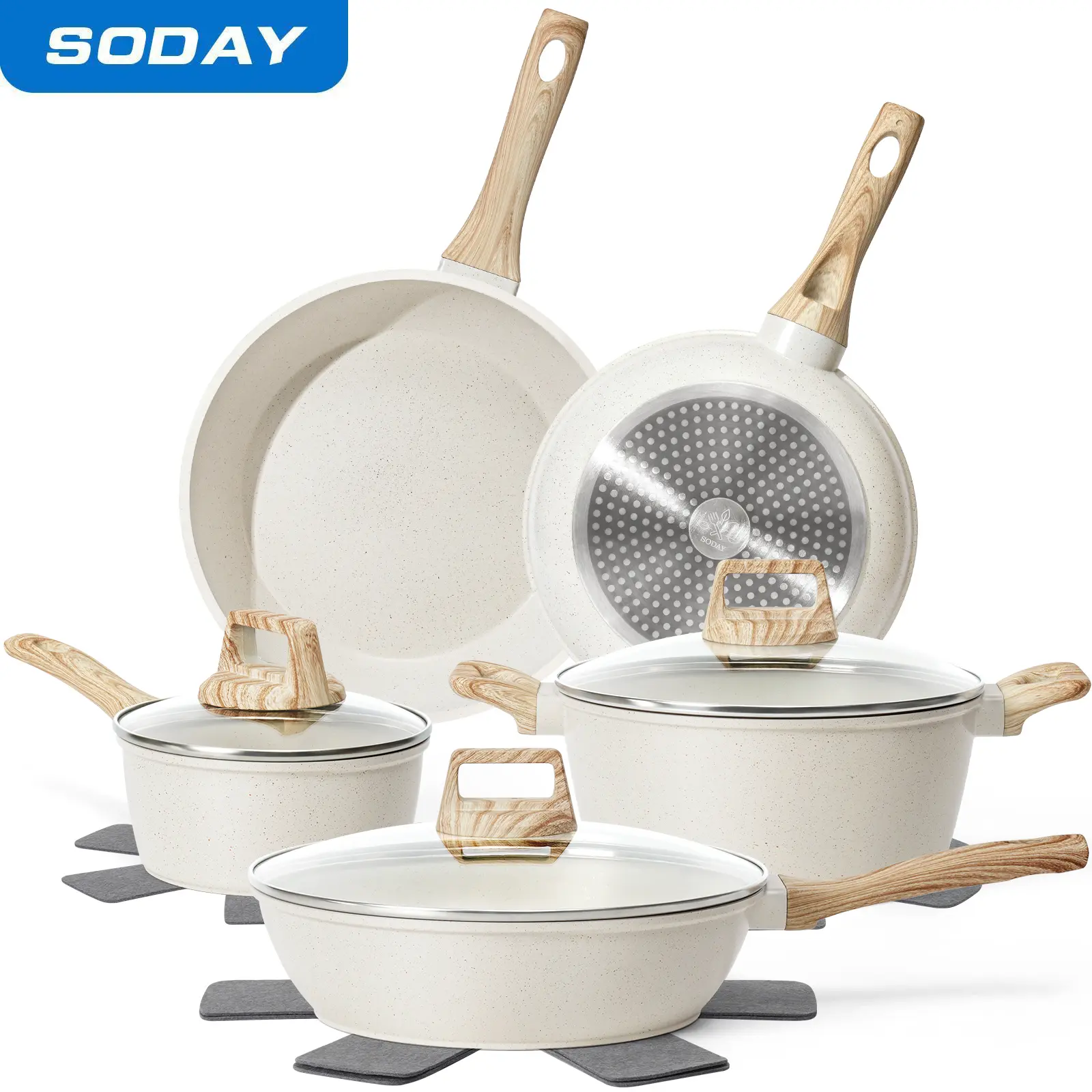 SODAY 12PCS Pots and Pans Set Non Stick Kitchen Cookware Sets Granite Cooking Set with Frying Pans, Saucepans, Steamer Nonstick Pots with Glass Lid Kitchenware Induction Aluminium, Cookware Sets, Kitchenware, stock up on specials,tiktokshopbacktoschool