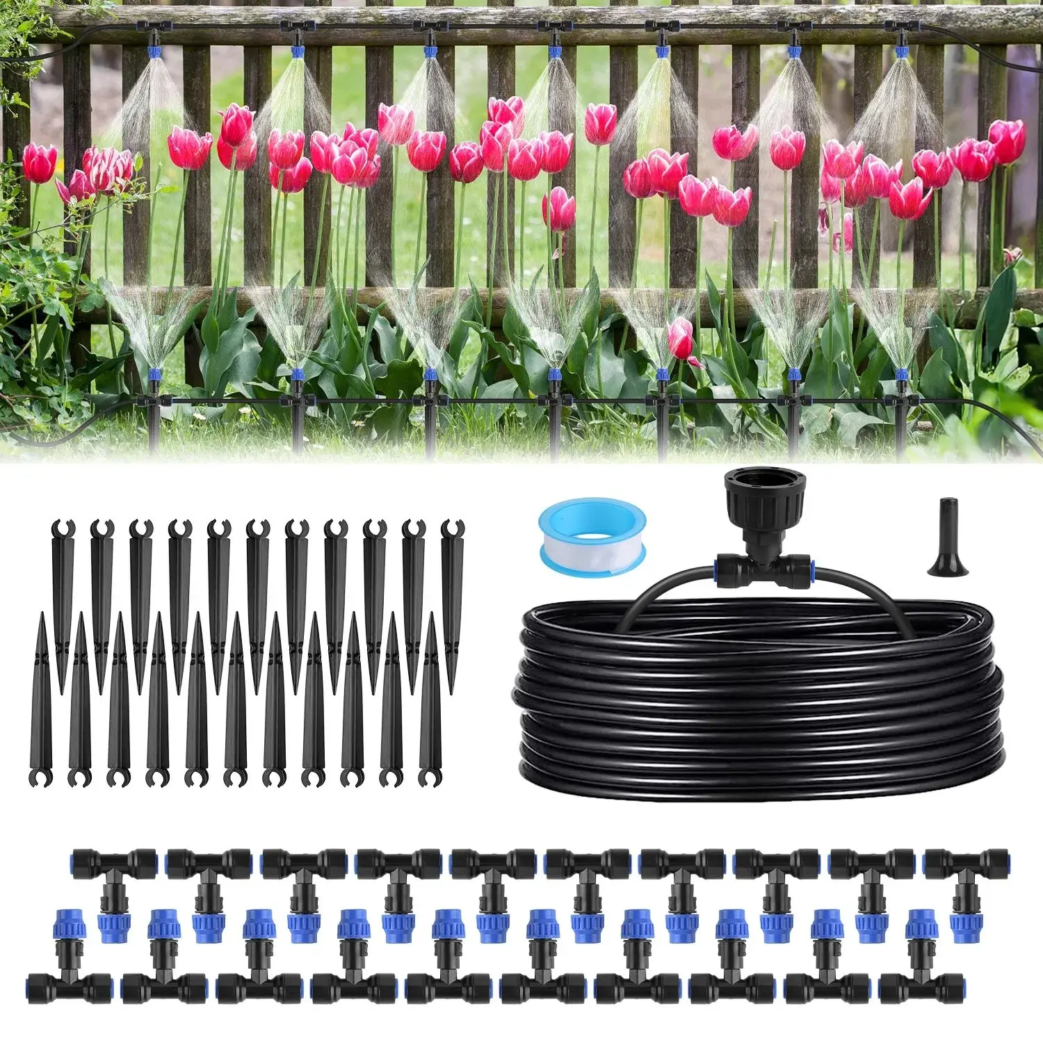 75FT DIY Drip Irrigation System Kit Adjustable Misting Nozzle, Quick Connect Leakproof Automatic Garden Watering Set with Detachable 180° Rotatable Stakes, Two Modes Sprayer for Greenhouse Grass Lawn Flower Bed Vegetable Plot Patio Plant Watering