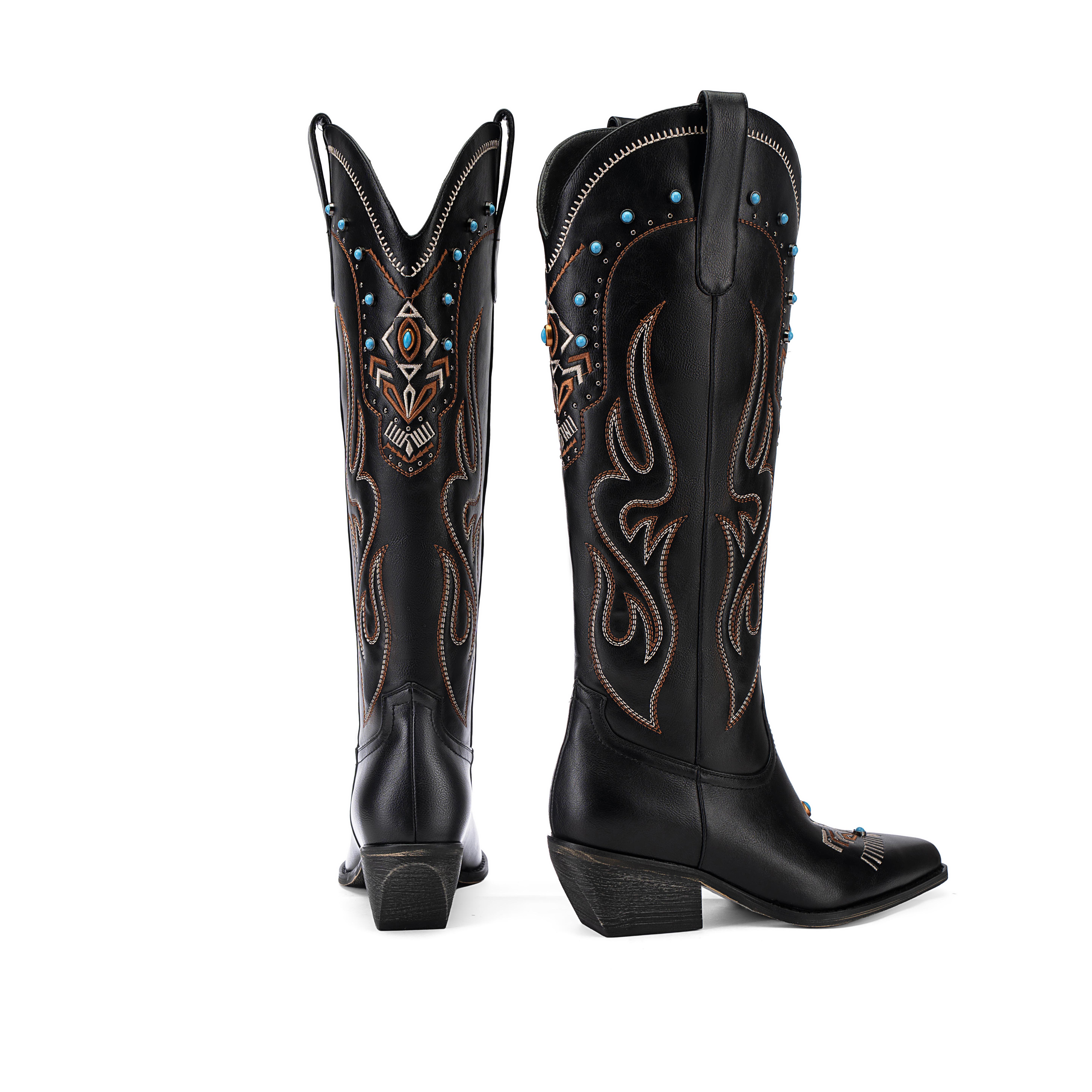 ReneChristine Women's Embroidery Western Cowboy Boots with Studs & Emerald Gemstones, Knee High Wide Calf Cowgirl Boots for Gatherings Weekend Hangouts Black Leather fur boots knee high boots boots for fall thigh high boots brown boots cowgirl boots Sprin