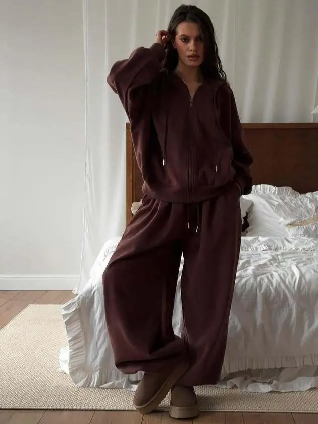 LBL Women's 2-Piece Cotton Matching Tracksuit Set - Full Zip-Up Hoodie, Elastic Waist Wide Leg Sweatpants, Solid Color, Trending Sporty Chic, Fall Casual Streetwear Loungewear, S-XL Athletic Tracksuit Set