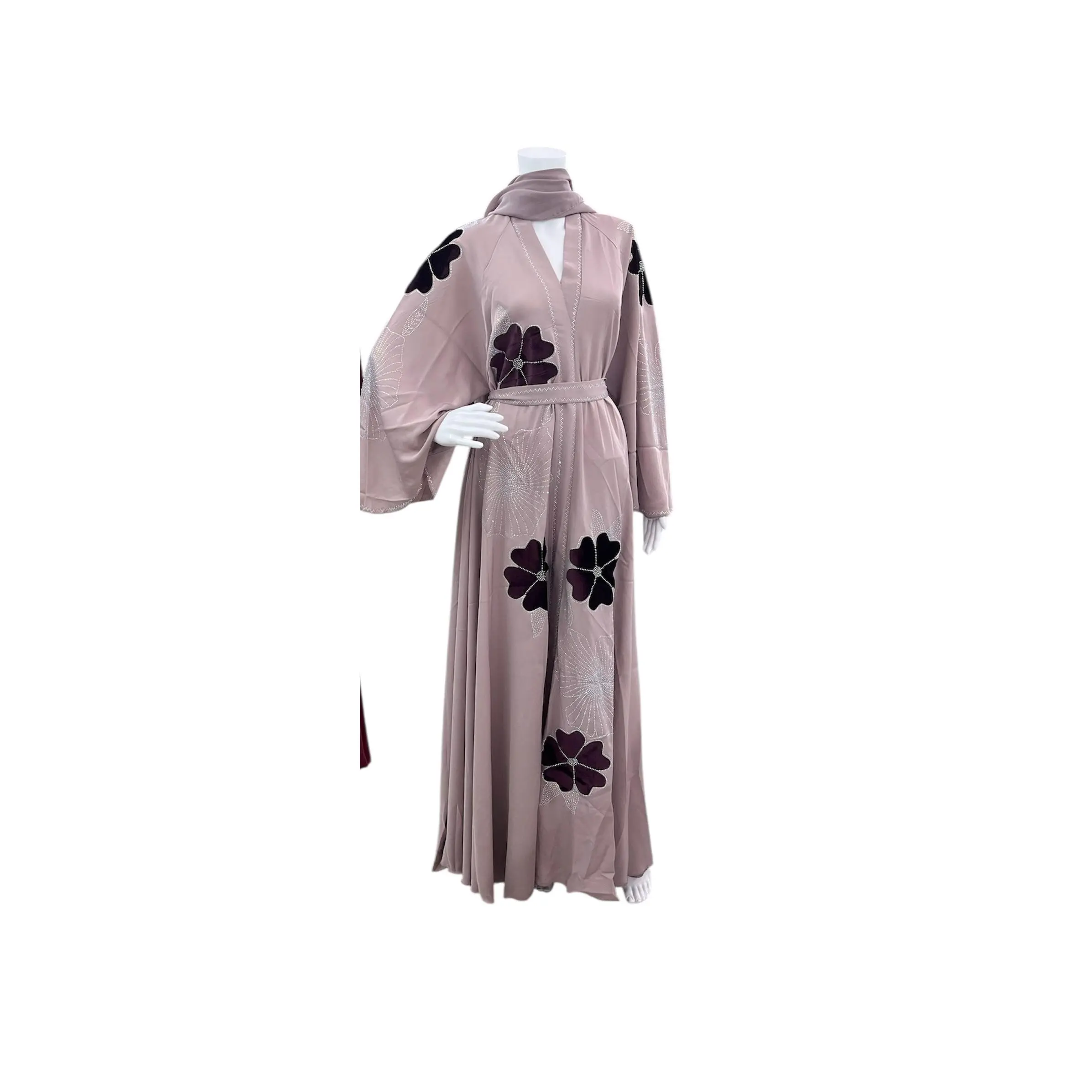 Abaya with Velvet Flower Design & Gems Matching Belt and Scarf Autumn Long Sleeve Cute Style