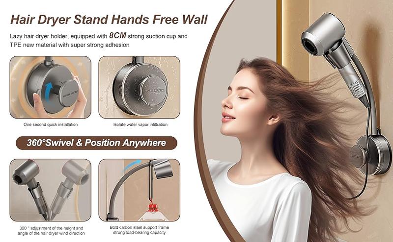 City Dry-Hair Dryer Stand Hands Free Wall, 360 Adjustable Hose Positionable Arm and strong adhesive Suction Cup Hair dryer storage rack for Mirror and Ceramic Tile