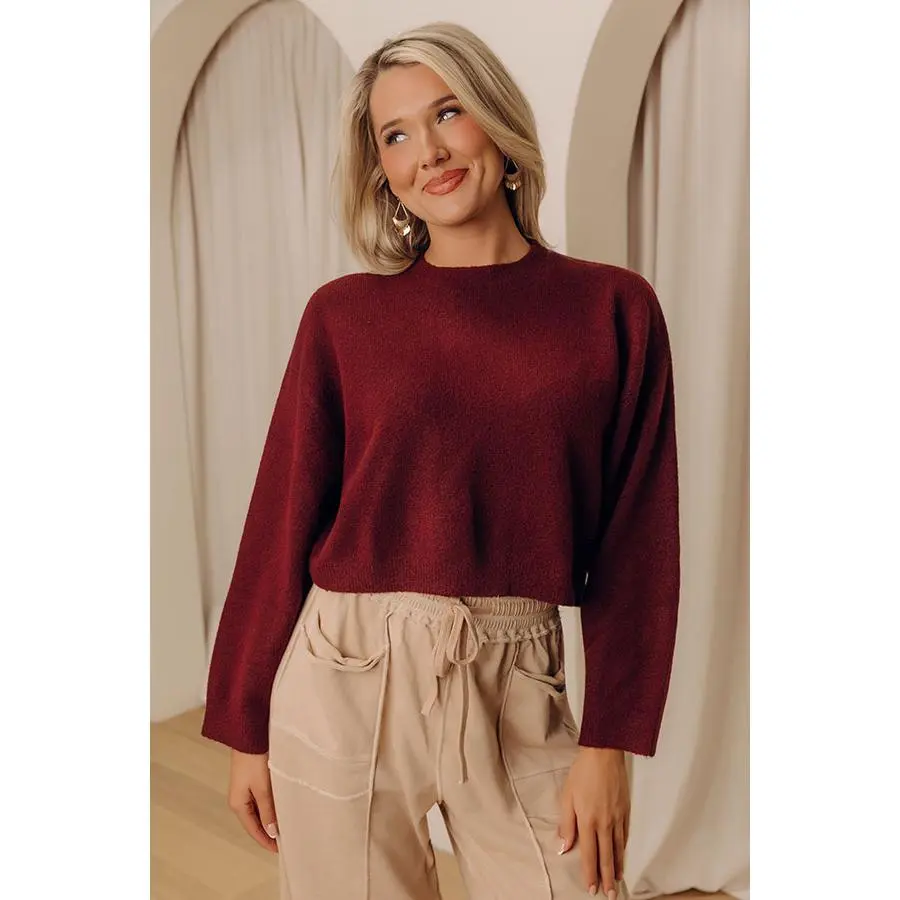 Comfy Chic Knit Crop Sweater Top in Maroon