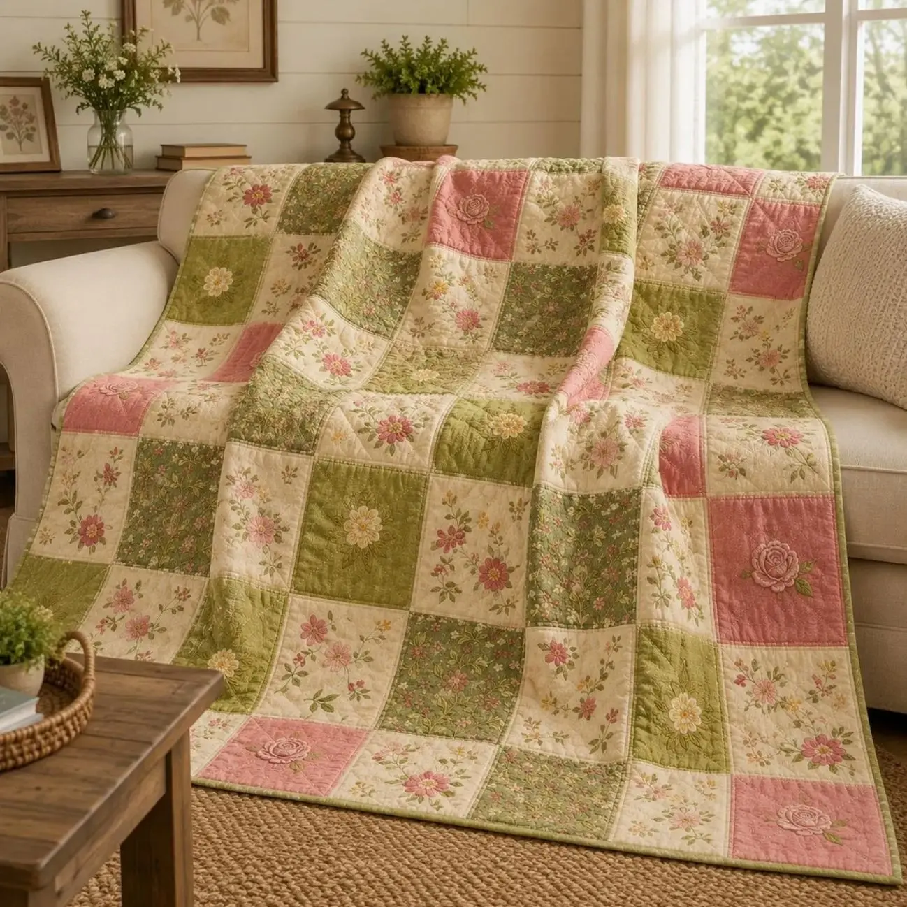 Vintage Floral Patchwork Quilt, Cottagecore Bedspread, Farmhouse Bedding, Botanical Coverlet, Cozy Shabby Chic Bedroom Decor, Garden Style