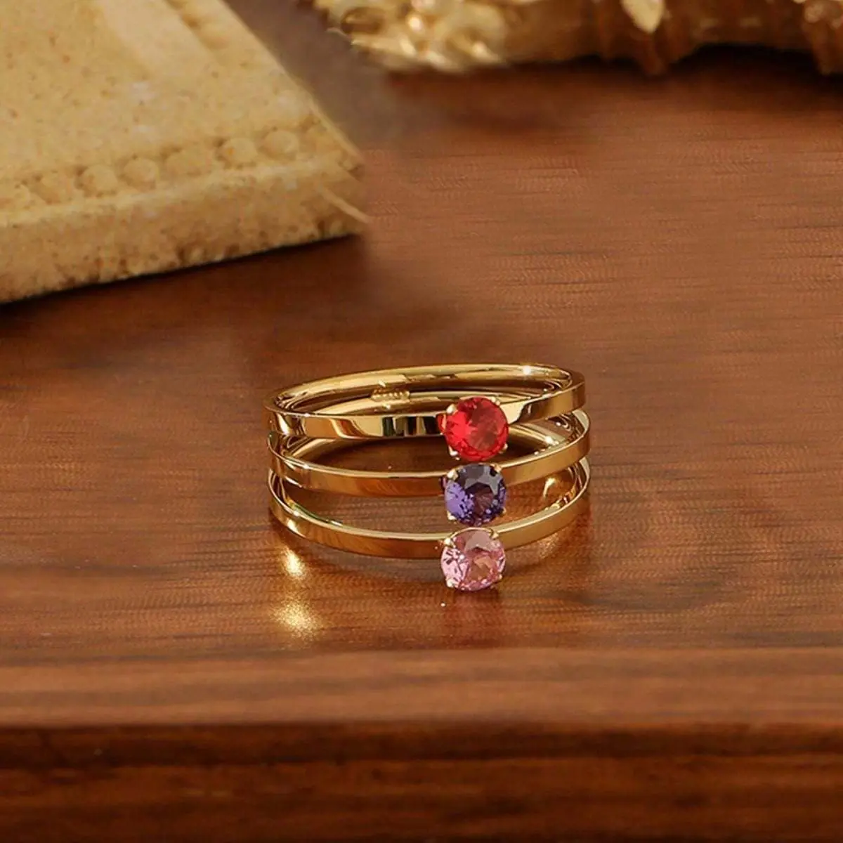 1Pc Luxury Bohemian Jewelry Ring - Stainless Steel Circular Band with Tricolor Gems, Sparkling Synthetic Zircon Sparkling Accents, Multi-Size Stackable Accessory for Dance Parties, Holiday Parties, Stackable Ring, Three-Gem Rings